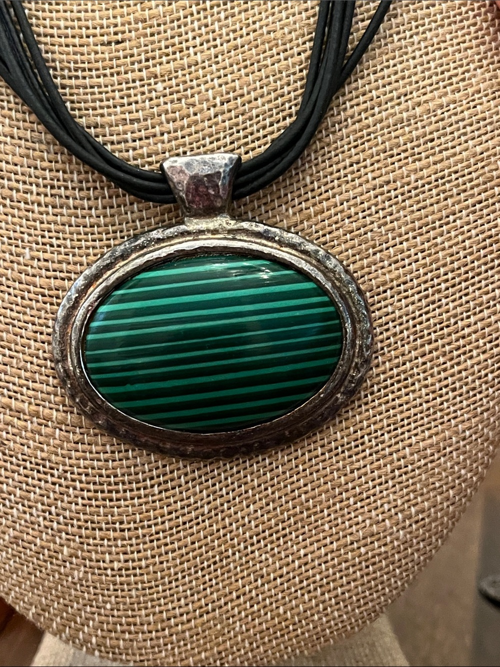 Chico's Green Striped Oval Pendant Necklace with Black Multi-Strand Cord